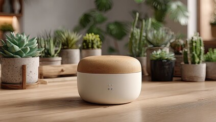 Diffuser on light wood table, plants