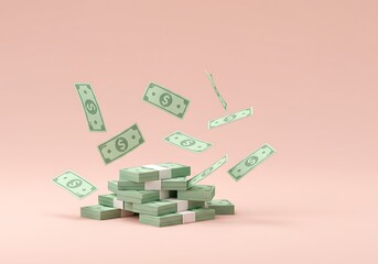 Stack of money with falling bills financial success and wealth concept