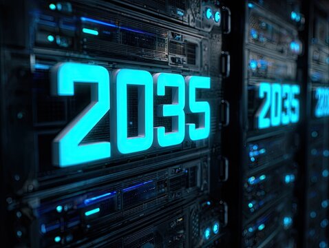 Futuristic server racks with the year 2035 highlighted