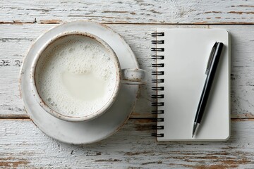 Creamy milk in a cup, beside a notepad and pen on a white wooden table