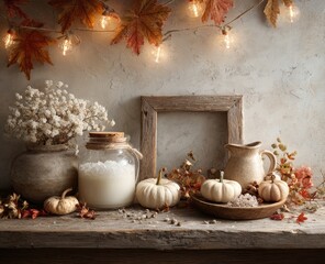 Autumnal display with warm lighting and rustic elements