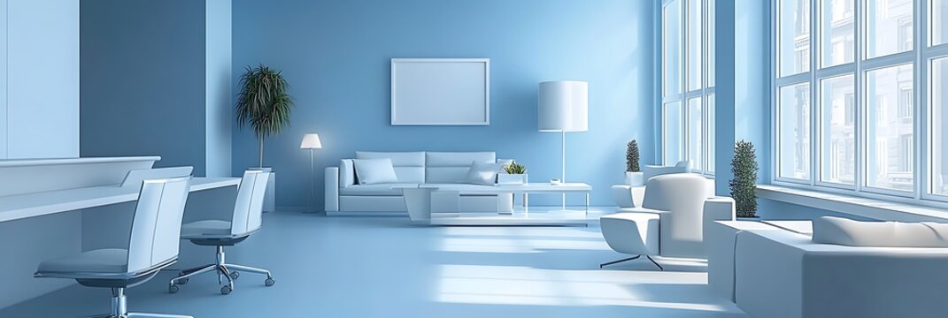 Blue-toned clean office with minimal furniture and high-end design elements - Powered by Adobe