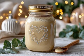 Creamy beige liquid in a glass jar, decorated with a heart design, sits on a table with festive lights and greenery