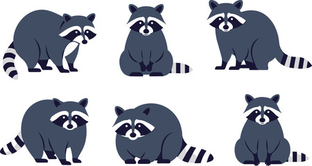 Set of flat raccoon vector illustrations in various cute poses, ideal for wildlife, forest animal themes, and cartoon design projects.