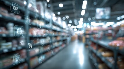 Blurry Grocery Store Scene Chaotic Commerce Hub, Ideal for Marketing and Branding Campaigns, Evoking a Sense of Bustling Energy.