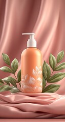 Peach-colored pump bottle with subtle leaf design, resting on a blush pink fabric backdrop with lush greenery