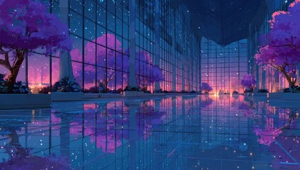 Indoor space with mirrored floors,  night sky reflections, and vibrant trees