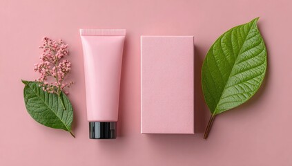 Pink cosmetic tube and box with leaves and flowers