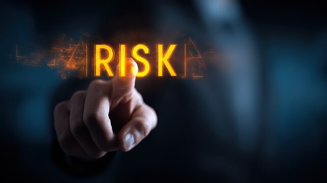 Man Pointing to Risk Management Concept, Business Finance Virtual Workspace Backdrop.