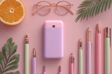 Pastel-toned stationery and a small spray bottle on a pink surface, with a citrus fruit and glasses