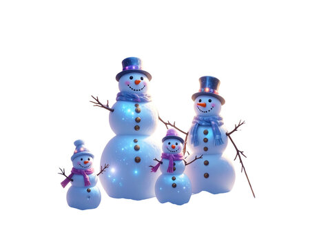 Enchanted snowman family glowing with sparkling lights and magical aura, surreal fant