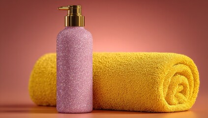 Pink glittery bottle and yellow towel on peach background