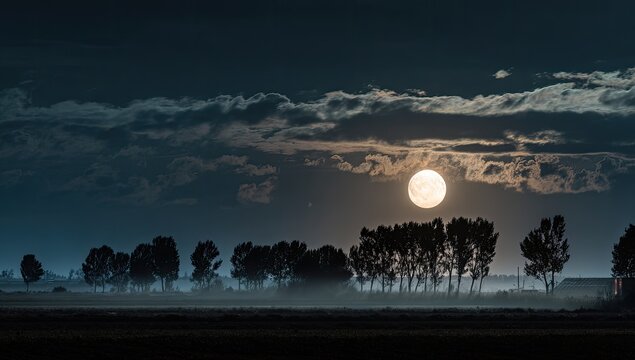Full moon over a misty field