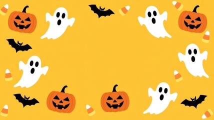 Cute halloween frame with ghosts pumpkins and bats on orange background