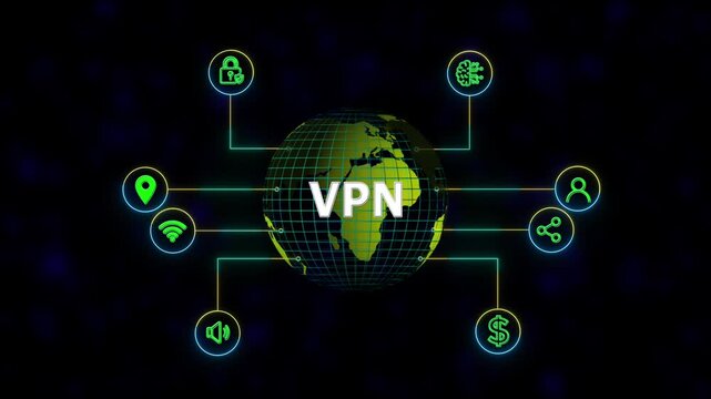 VPN network security internet privacy encryption, new business concept tee icon attached around the map features the concept of network and technology confirmed the map is rotating ,specify all icons 