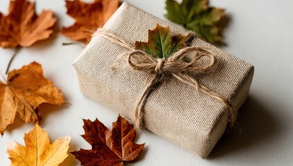Autumnal gift box, surrounded by fallen leaves