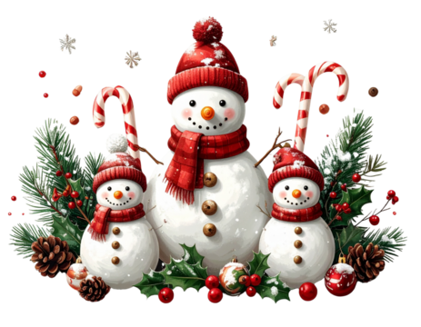 Flat lay arrangement of snowman family with candy canes, pinecones, ornaments, - Powered by Adobe