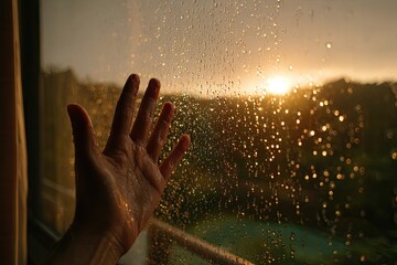 Hand reaching through rainy window at sunset