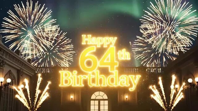 Magical Happy 64th Birthday Greeting with Golden Sparkles Under a Shimmering Aurora Borealis Sky