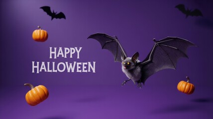 Spooky halloween night with flying bats and glowing pumpkins