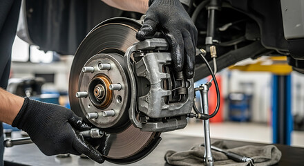 Obraz premium Mechanic wearing black gloves working on car brakes, tightening bolts in the auto repair shop