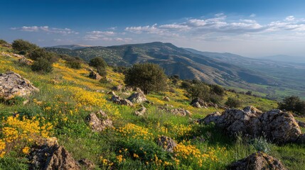 SunKissed Mountains with Vibrant Spring Blooms at Golan Heights Perfect for Tranquil and Relaxing Projects.