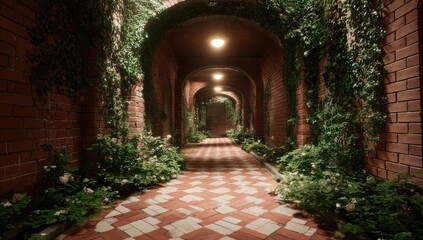 Fototapeta premium A brick-walled passageway adorned with lush greenery