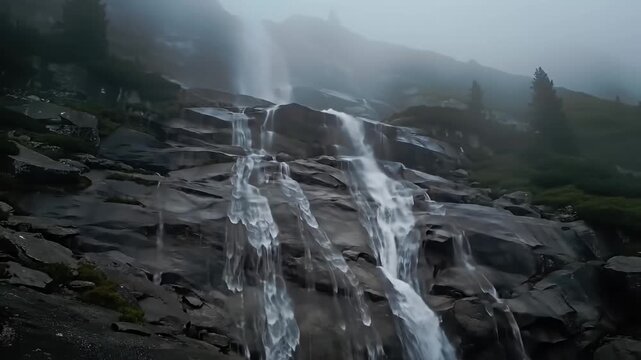 Misty mountain landscape with cascading waterfalls over dark rocks and sparse vegetation