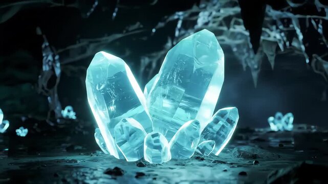 Close Up Shot of Light Blue Crystal Cluster on Dark Rock Surface in a Cave Setting