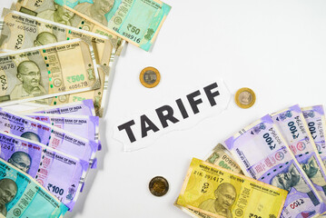 Stacks of Indian Currency with Coins Showcasing Financial Concept and Tariff