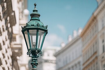 Antique street lamp against European architecture
