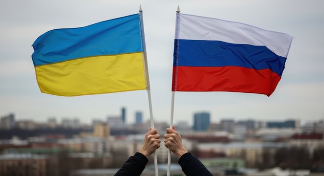 Ukrainian and Russian flags: A symbol of diplomacy and national pride as hands hold the Ukrainian and Russian flags.