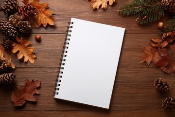 Autumnal notebook on wooden table