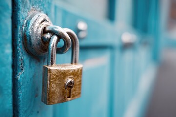Close-up of a padlock on a teal door