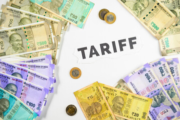 Stacks of Indian Currency with Coins Showcasing Financial Concept and Tariff