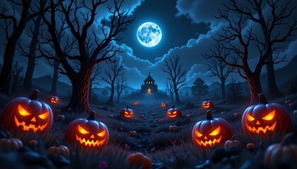 Fototapeta premium Spooky Autumn Night with Glowing Jackolanterns