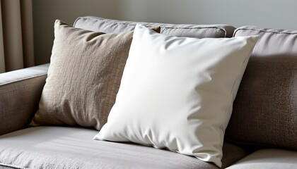 White Square Cushion Grey Sofa with Soft Lighting