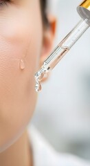 Close-up of a dropper applying serum to hydrated facial skin, promoting skincare and beauty.