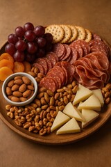 Obraz premium Artisan Charcuterie Board: A visually captivating and mouthwatering close-up shot of an artisan charcuterie board, laden with an array of gourmet treats, including juicy grapes, savory salami.