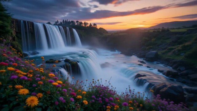 Majestic waterfall with colorful flowers under a clear sunset sky. 4k videos