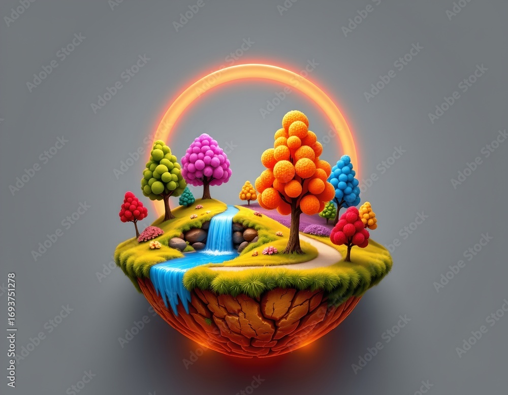 Poster whimsical floating island with colorful trees and waterfall