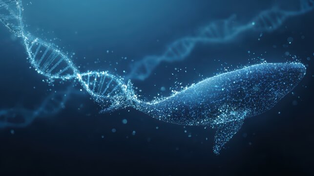 Astonishing Genomic DNA Concept Illustration Living Whale and Double Strand, Ideal for Innovative Campaigns, Inspiring Scientific Curiosity and Awe.