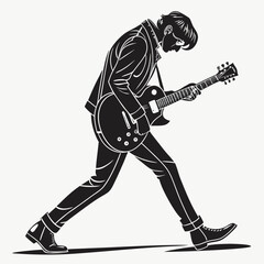 Dynamic vector silhouette of a musician playing guitar for graphic design and illustration