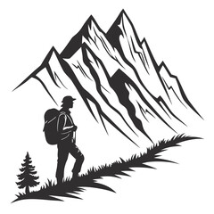 Silhouette of a hiker at the base of majestic mountains simple black vector graphic