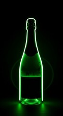 A vibrant green champagne bottle glows against a dark background, highlighting its shape and label.