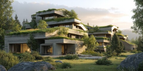 Naklejka premium Modern architectural design of sustainable houses surrounded by green landscape at sunset