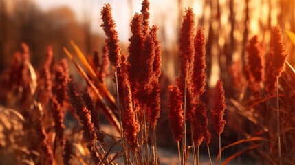 vibrant, warm, fiery, autumnal, serene, nature, fields, golden hour, close-up, detailed, lush, atmospheric, cinematic, dreamlike, painterly