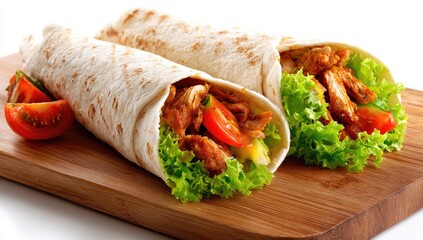 Three chicken wraps on a wooden board, with fresh toppings