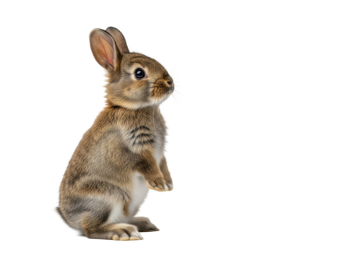 Adorable fluffy brown baby rabbit, white bob tail, prominent whiskers, upright on hind legs, looking intently on transparent studio background with copy space. Inquisitive cuteness, innocence