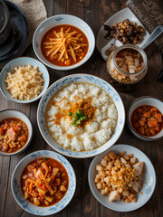 A traditional Korean breakfast setting with juk rice porridge, kimchi, and salted seafood